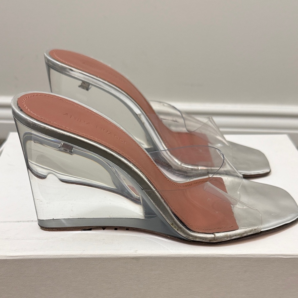 Amina Muaddi Lupita Glass Clear PVC Wedge Mules with Silver Accents